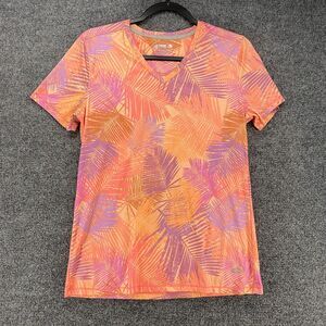 Reel Legends Blouse Top Womens M Coral Purple Leaf Print V-Neck Fishing Outdoor